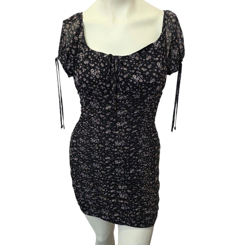 Ultra Flirt Floral Ruched Mesh Mini Dress Puff Sleeve Cottagecore Size L